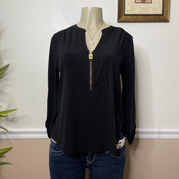 Michael Kors Tops - Michael Kors Women’s V-Neck Gold Hardware Half Zip Blouse Top